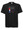 Black T-shirt screen printed in red, white and blue. 