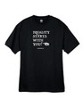 White in on a black, preshrunk T-shirt.