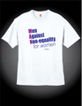 White preshrunk cotton with purple and blue screen printing. 