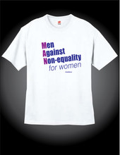 White preshrunk cotton with purple and blue screen printing. 