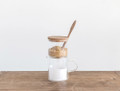 Glass Sugar And Creamer with Wooden Serving Spoon