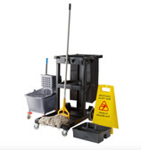 Janitor Cart Black with Mop Bucket and Wet Floor Sign