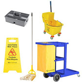 Janitor Cart Kit with Yellow Mop Bucket, Wet Floor Sign, Mop, and Caddy-Blue