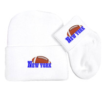 New York Blue Football Newborn Baby Knit Cap and Socks Set