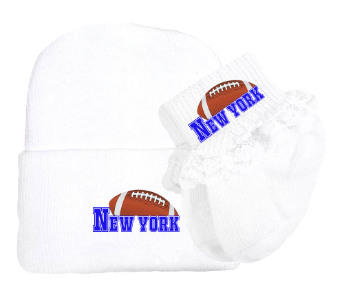 New York Blue Football Newborn Baby Knit Cap and Socks with Lace Set