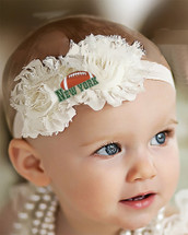 New York Green Football Baby/ Toddler Shabby Flower Hair Bow Headband