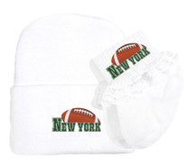 New York Green Football Newborn Baby Knit Cap and Socks with Lace Set