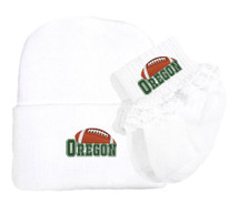 Oregon Football Newborn Baby Knit Cap and Socks with Lace Set