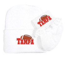 Tampa Football Newborn Baby Knit Cap and Socks with Lace Set