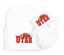 Utah Football Newborn Baby Knit Cap and Socks with Lace Set