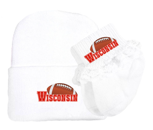 Wisconsin Football Newborn Baby Knit Cap and Socks with Lace Set