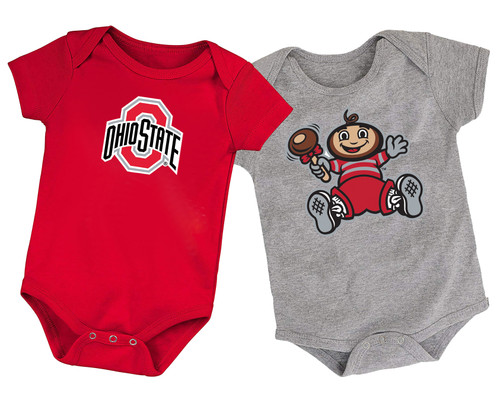 Ohio State Buckeyes Officially Licensed 100% Cotton Short Sleeve LOGO and Baby Brutus Bodysuits - 2 Pack 