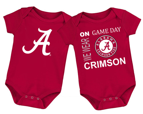 Alabama Crimson Tide Officially Licensed 100% Cotton LOGO Bodysuit and On Game Day Bodysuit - 2 Pack 
