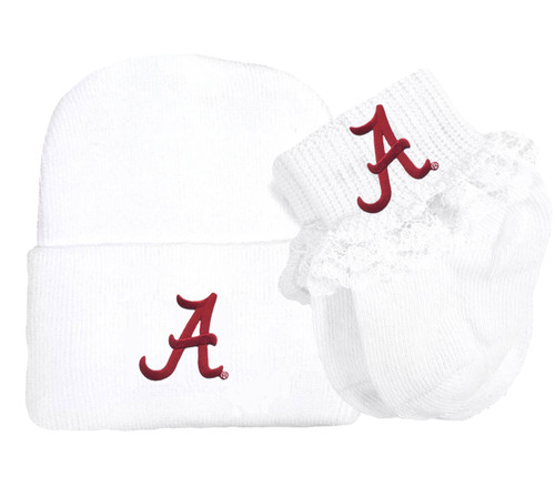 Alabama Crimson Tide Newborn Baby Knit Cap and Socks with Lace Set