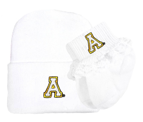Appalachian State Mountaineers Newborn Knit Cap and Socks with Lace Baby Set