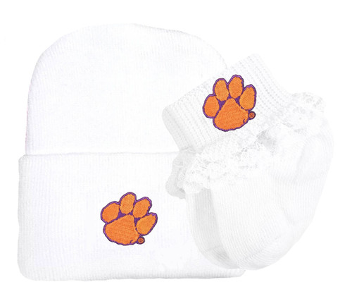 Clemson Tigers Newborn Baby Knit Cap and Socks with Lace Set