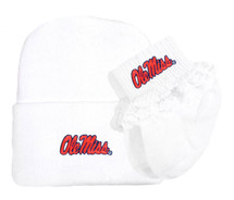 Mississippi Ole Miss Rebels Newborn Knit Cap and Socks with Lace Baby Set