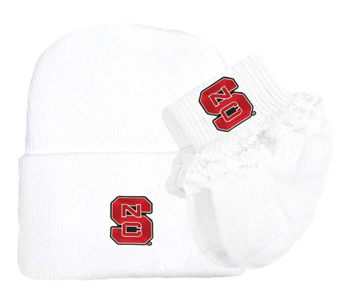 NC State Wolfpack Newborn Baby Knit Cap and Socks with Lace Set
