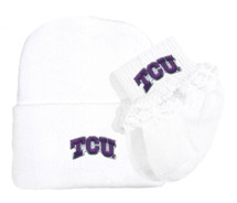 Texas Christian TCU Horned Frogs Newborn Baby Knit Cap and Socks with Lace Set