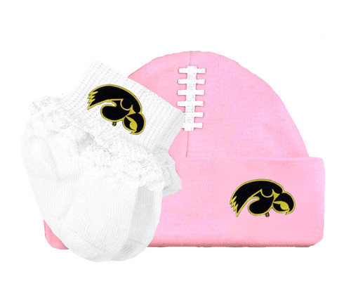 Iowa Hawkeyes Football Cap and Socks with Lace Baby Set