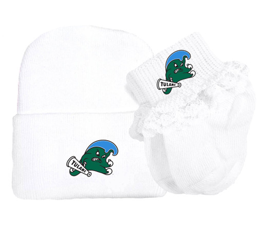 Tulane Green Wave Newborn Knit Cap and Socks with Lace Baby Set