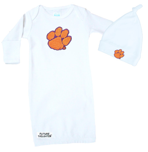 Clemson Tigers Baby Layette Gown and Knotted Cap Set