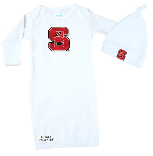 NC State Wolfpack Baby Layette Gown and Knotted Cap Set