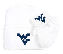 West Virginia Mountaineers Newborn Baby Knit Cap and Socks with Lace Set