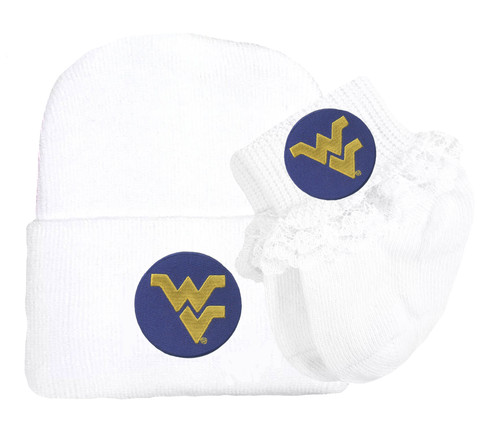 West Virginia Mountaineers Newborn Baby Knit Cap and Socks with Lace Set