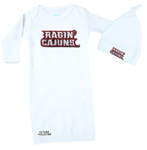 Louisiana Ragin Cajuns Baby Layette Gown and Knotted Cap Set