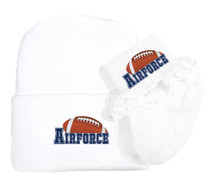 Air Force Football Newborn Baby Knit Cap and Socks with Lace Set