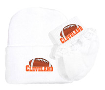 Cleveland Football Newborn Baby Knit Cap and Socks with Lace Set