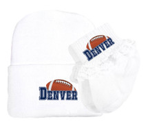 Denver Football Newborn Baby Knit Cap and Socks with Lace Set