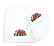 Green Bay Football Newborn Baby Knit Cap and Socks with Lace Set