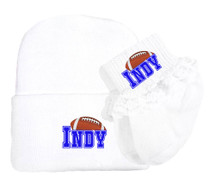 Indianapolis Football Newborn Baby Knit Cap and Socks with Lace Set