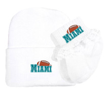 Miami Football Newborn Baby Knit Cap and Socks with Lace Set