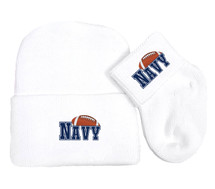 Navy Football Newborn Baby Knit Cap and Socks Set