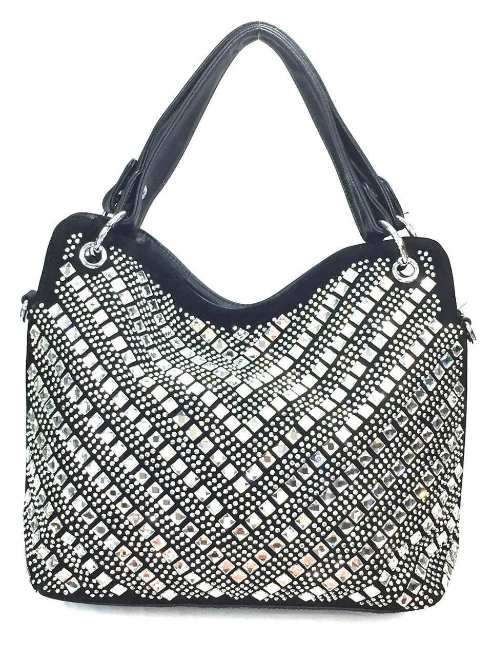 V Gem Rhinestone Bling Hobo Bag Black