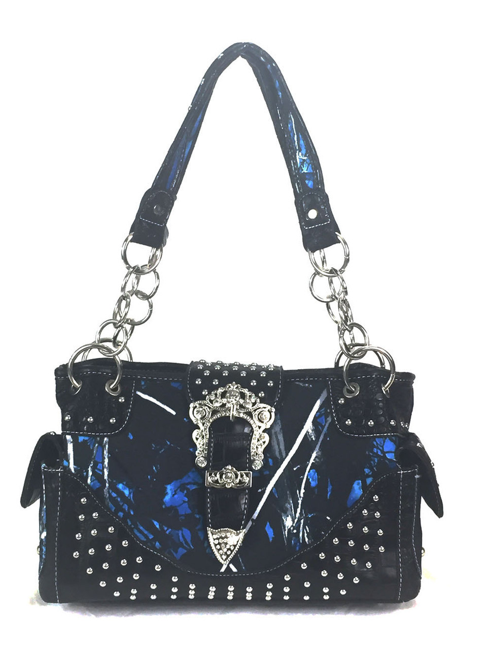 Western Cross Leopard Handbag Rhinestone Pocket Purse With Matching Wallet  (Blue)