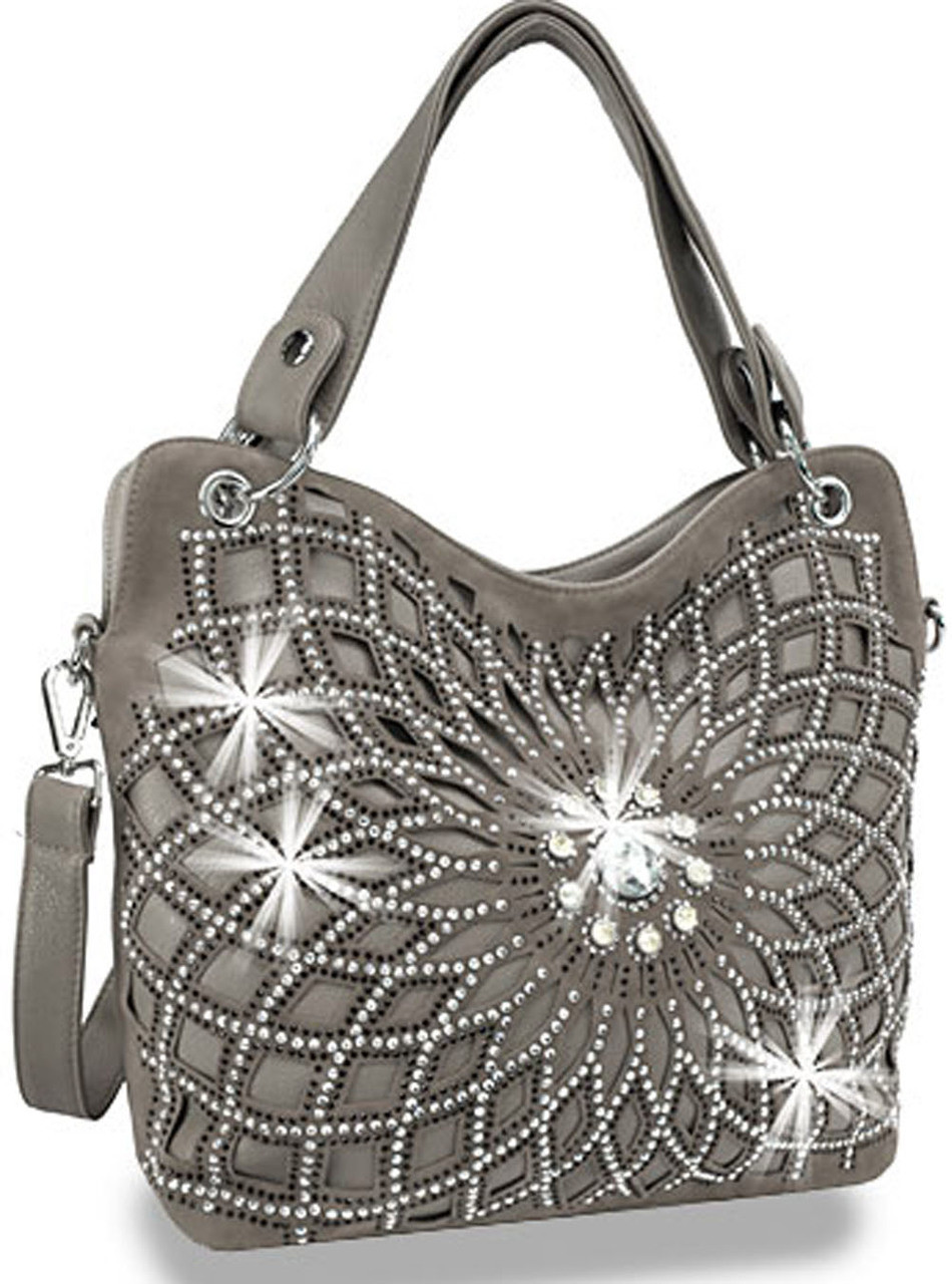 Zzfab Double Handles Starburst Bling Hobo Purse – Silver Faux Leather With Rhinestones
