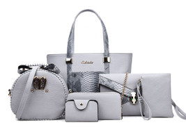  6 pcs Snake Skin Leather Bag Set Grey B7202-GY