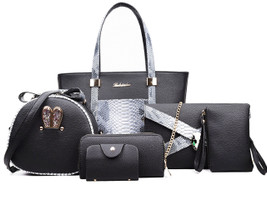  6 pcs Snake Skin Leather Bag Set Black B7202-BK