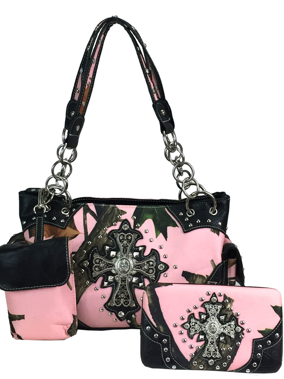 Black Crossbody Bag, Pink & Gold Camo Strap - Fleurty Girl