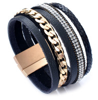 Multi-layer Rhinestone & chain PU leather Bracelet with Magnetic JB0183
