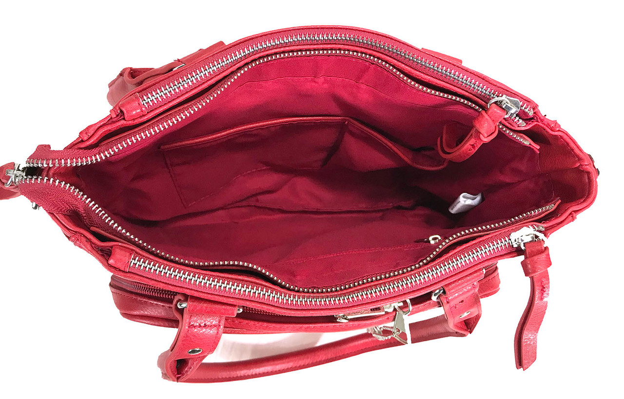 triple zipper red leather handbag — MUSEUM OUTLETS