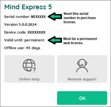 Location of Mind Express 5 Serial number in Menu > Help in Mind Express 5. 