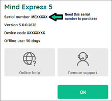 Menu > Help (Location of Mind Express 5 serial number.)