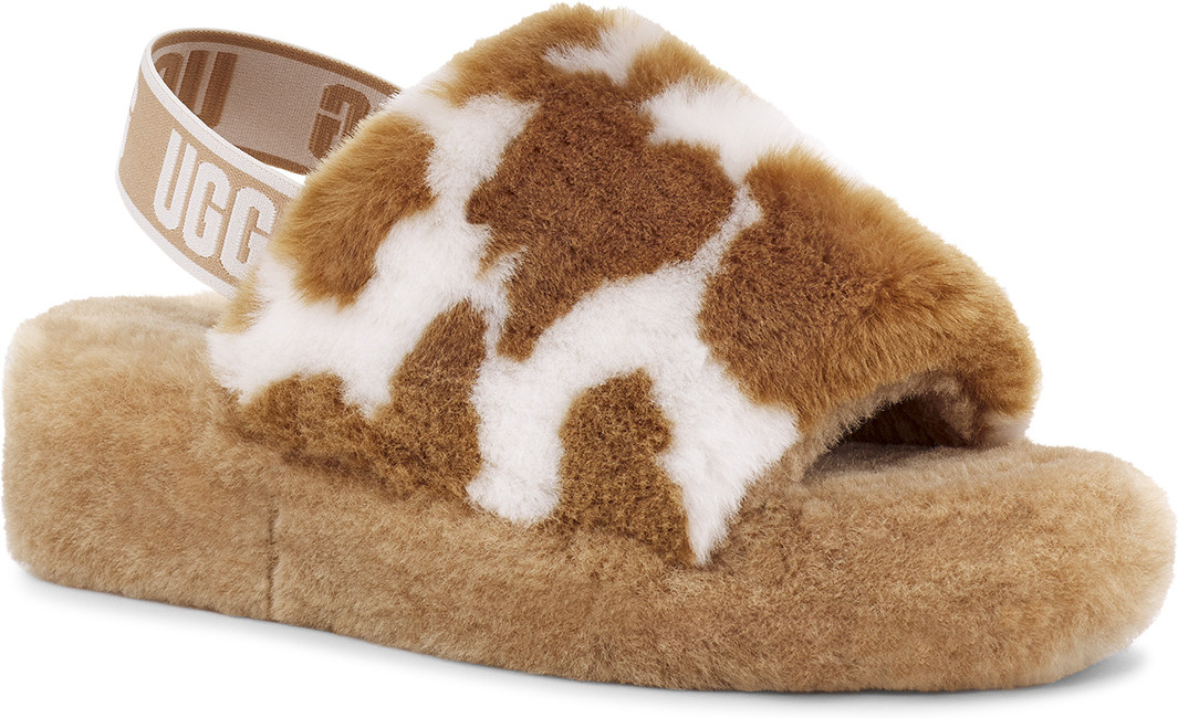 fluffy cow print slides