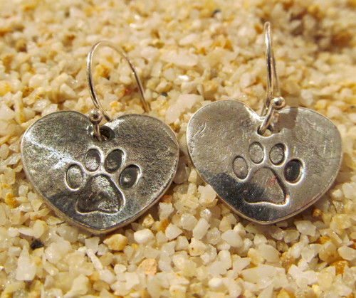Pure Silver Pawprint on Hearts Earrings made by hand.