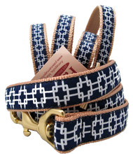 Crisp white lines are set on navy blue for a clean look on these American made dog leashes.